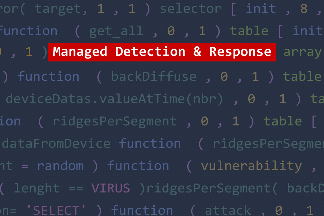 Code background highlighting Managed Detection and Response in cybersecurity context