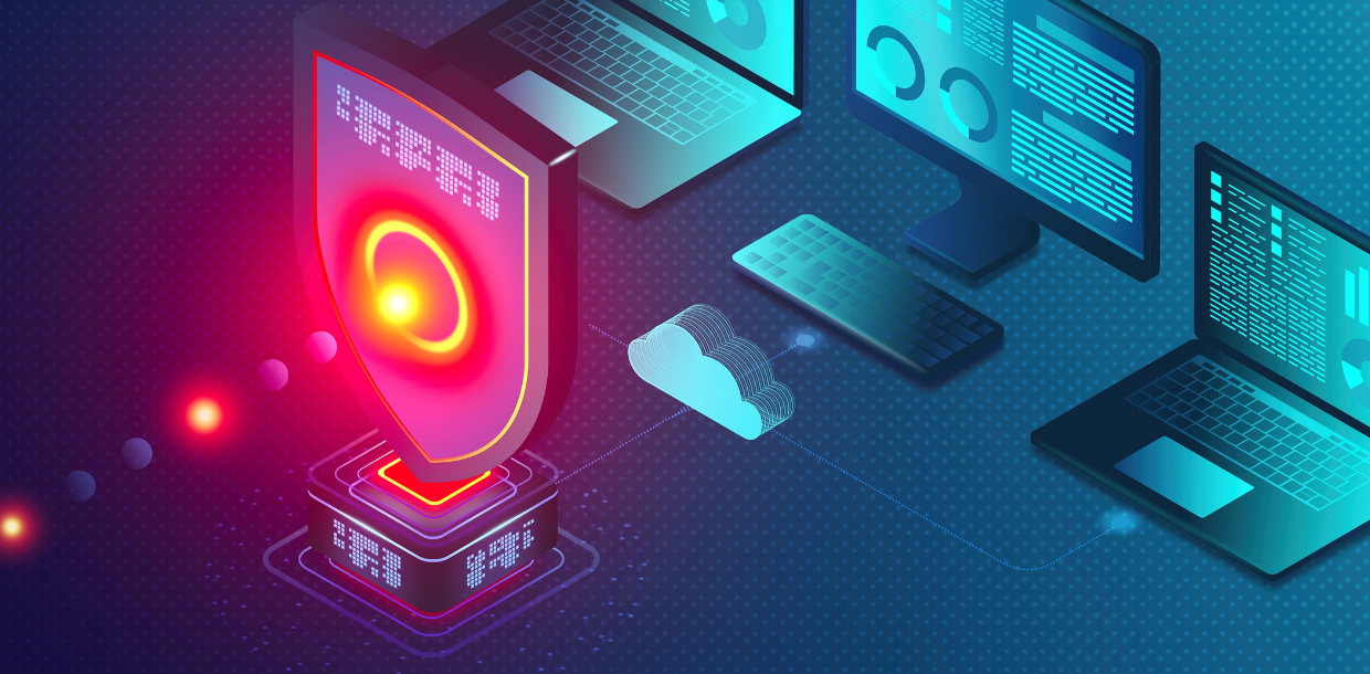 MDR security shield blocking threats and safeguarding connected business computers and data systems.