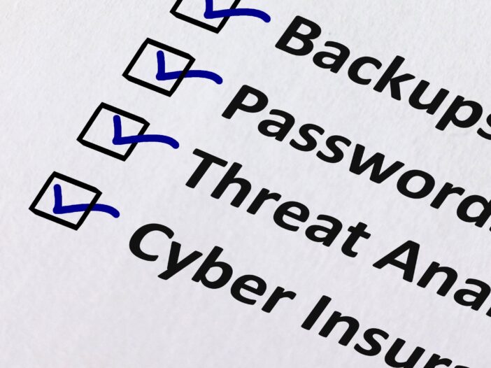 Checklist highlighting backups, passwords, threat analysis, and cyber insurance readiness