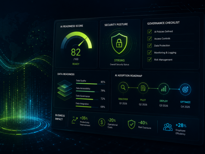 Enterprise AI readiness dashboard visualizing governance, security, data readiness, adoption roadmap, and business impact metrics.